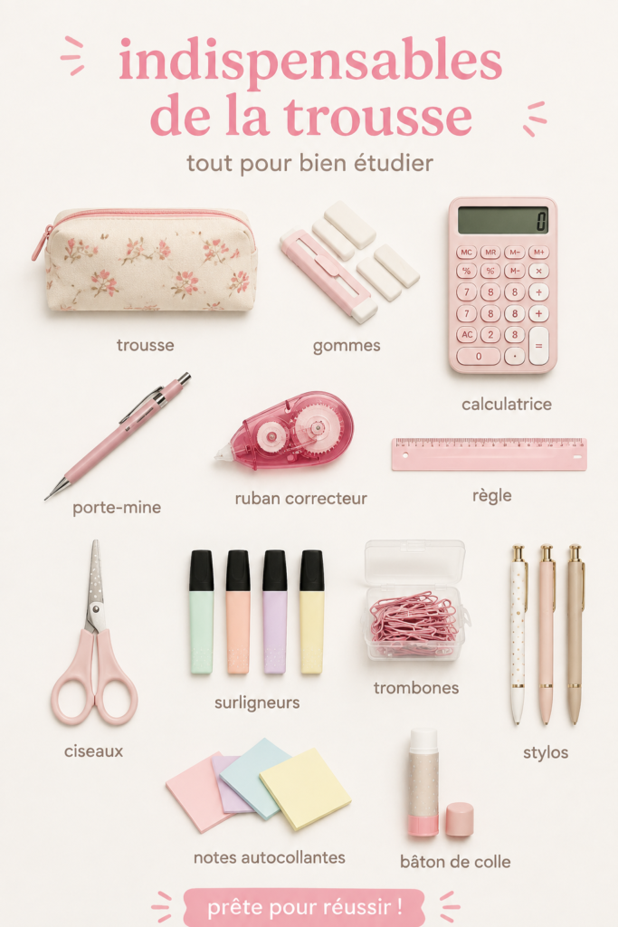 Trousse scolaire bien remplie avec des fournitures essentielles pour la rentrée.
