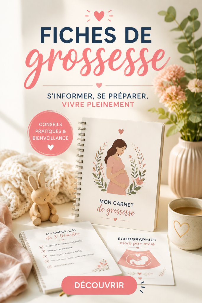 Illustration d'une fiche de grossesse personnalisée avec des notes et des illustrations.