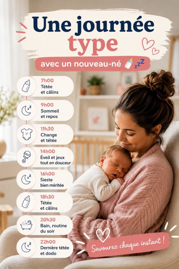 Une mère prenant soin de son nouveau-né dans un cadre paisible, illustrant une journée type.