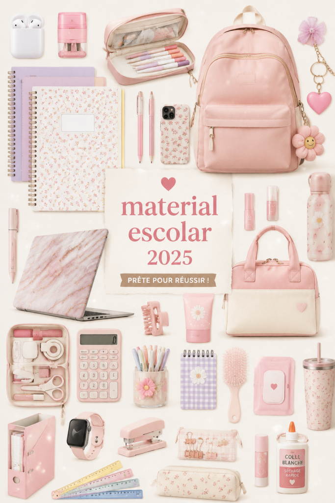 Sélection de matériel scolaire pour la rentrée 2025, incluant des fournitures et des accessoires variés.