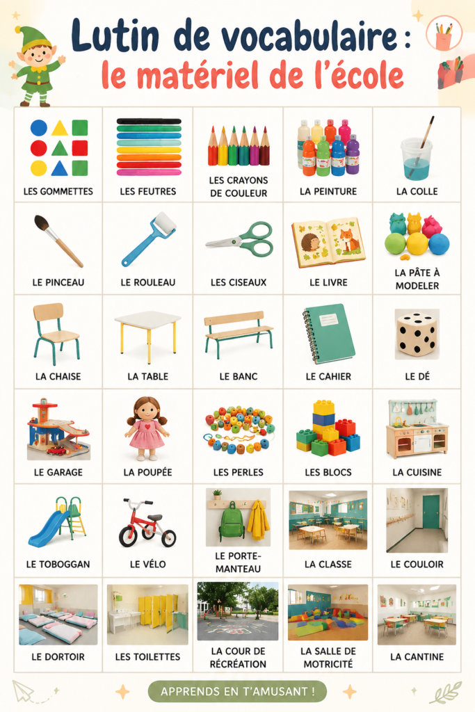 Image d'un lutin de vocabulaire coloré utilisé dans une classe de maternelle.