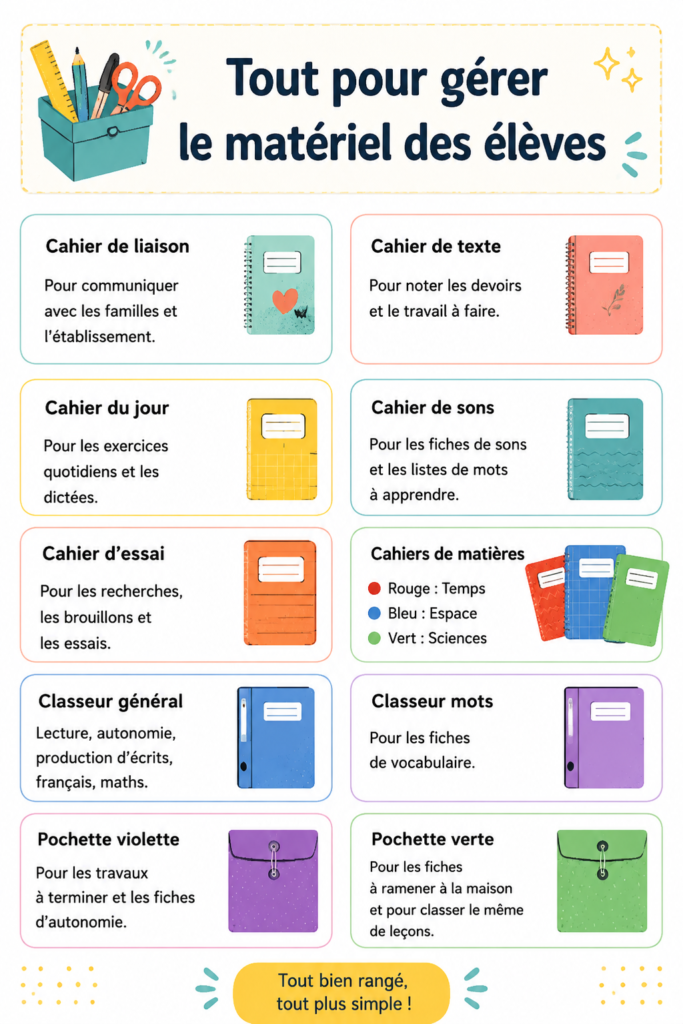 Un bureau d'enfants organisé avec des fournitures scolaires bien rangées et étiquetées.