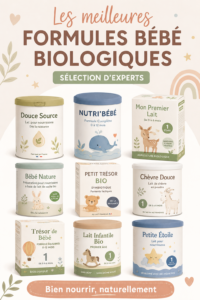 Sélection de laits bio pour bébés présentés sur une table