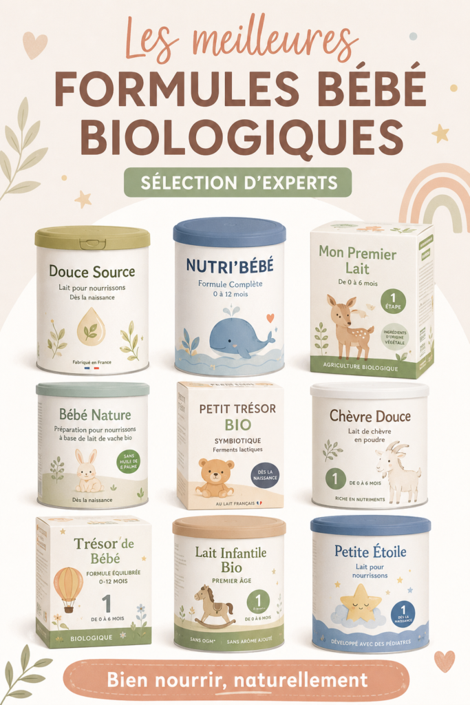Sélection de laits bio pour bébés présentés sur une table