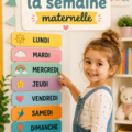 Une maman organise son planning hebdomadaire avec des enfants autour d'elle.