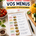 Une famille souriante autour d'une table avec des plats préparés selon un menu organisé.