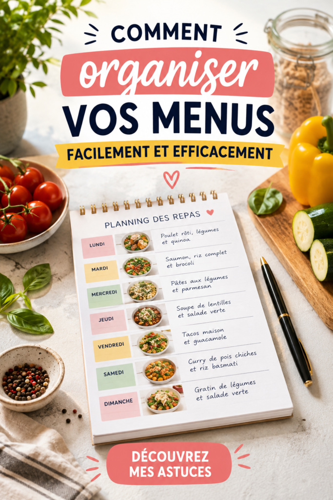 Une famille souriante autour d'une table avec des plats préparés selon un menu organisé.