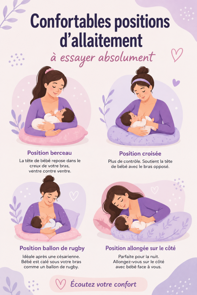 Une maman allaitant son bébé dans une position confortable et détendue.
