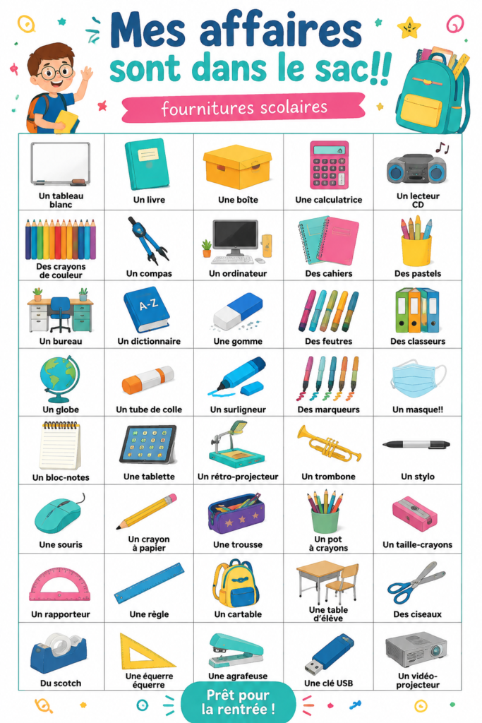 Un sac à dos primaire bien rempli de fournitures scolaires pour la rentrée.