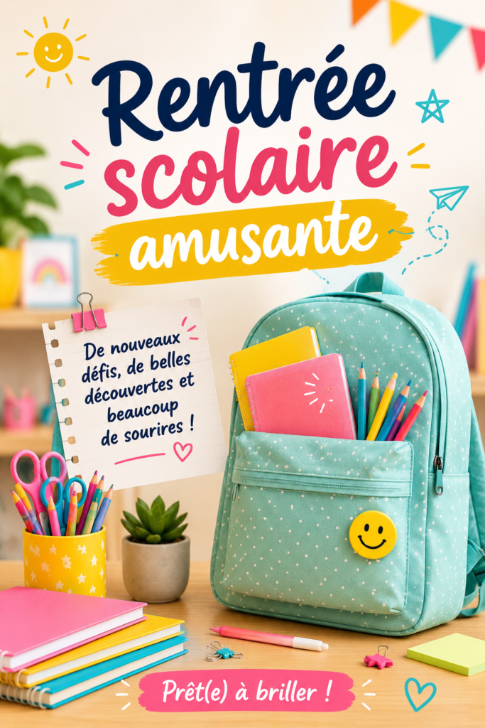 Une scène de rentrée scolaire chaleureuse avec des enfants souriants préparant leurs fournitures