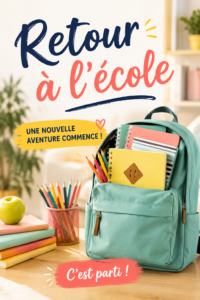 Une famille heureuse se prépare pour le retour à l'école avec des fournitures scolaires.