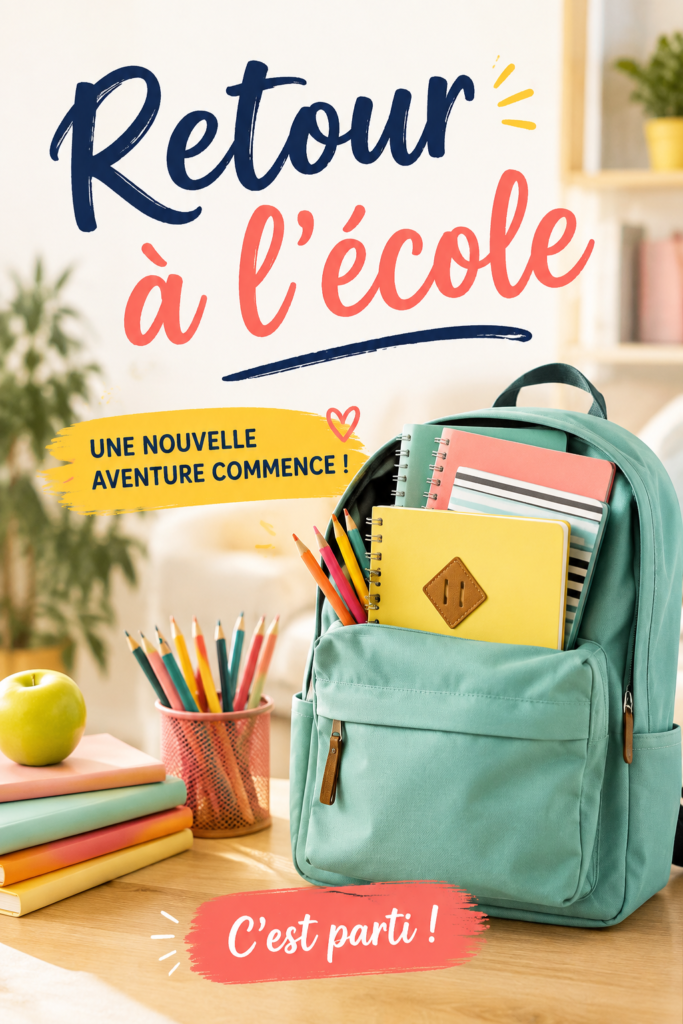 Une famille heureuse se prépare pour le retour à l'école avec des fournitures scolaires.