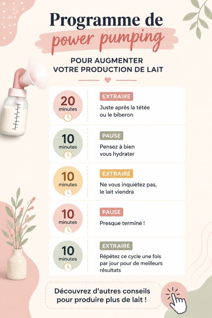 Femme faisant du power pumping pour stimuler sa lactation, entourée d'équipements de maternité