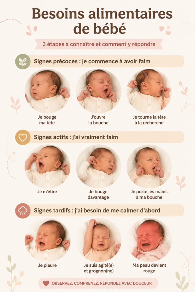 Un bébé avec un biberon, illustrant les signaux de faim et les réponses appropriées.