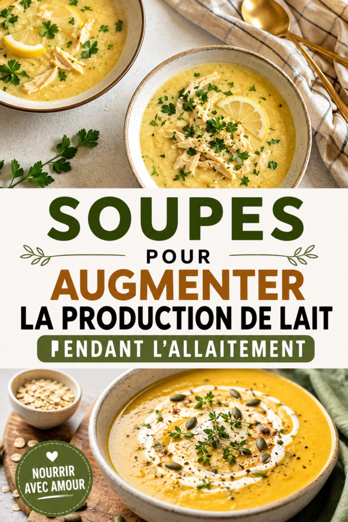 Soupe lactogène maison dans un bol, avec des ingrédients frais autour.