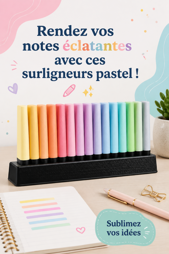 Des surligneurs pastel colorés sur un bureau avec des notes organisées.
