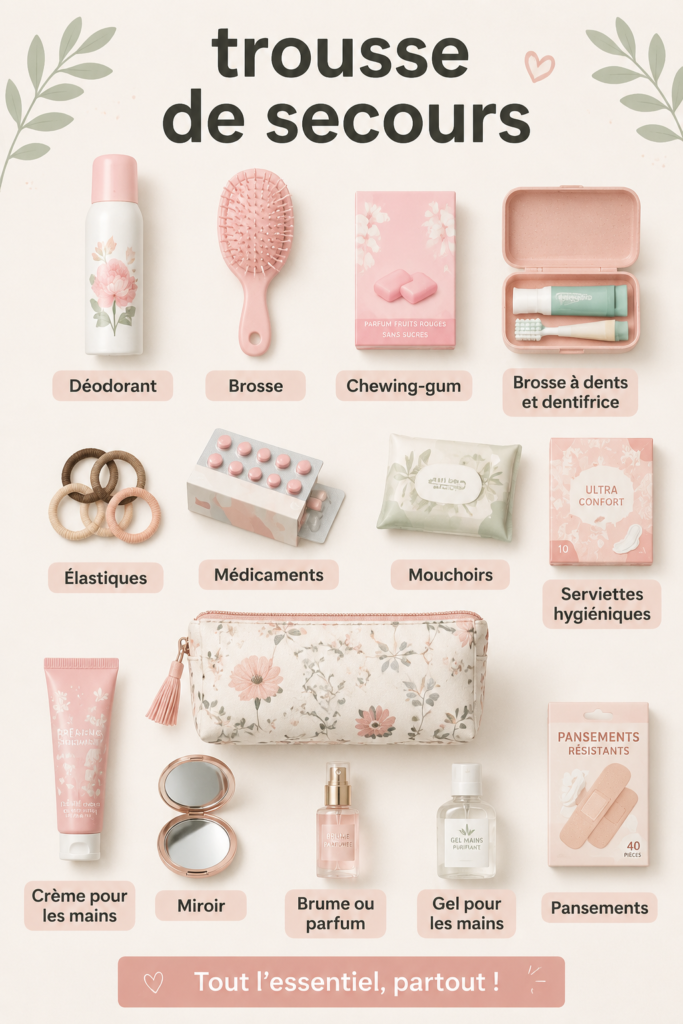 Une trousse de secours bien fournie pour la rentrée scolaire, avec divers produits de soin et d'urgence.