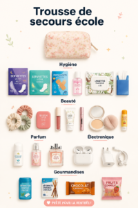 Une trousse de secours scolaire bien organisée avec des fournitures essentielles.
