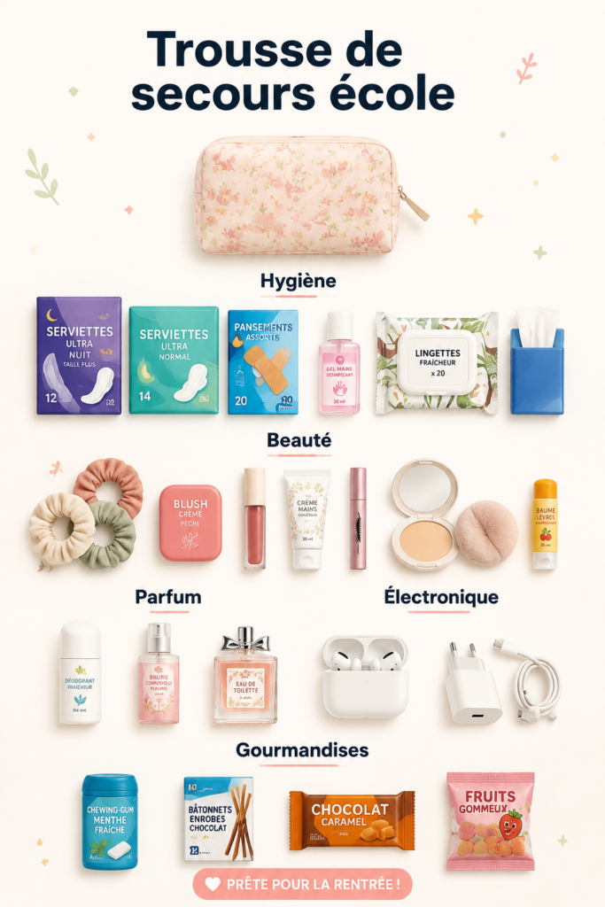 Une trousse de secours scolaire bien organisée avec des fournitures essentielles.