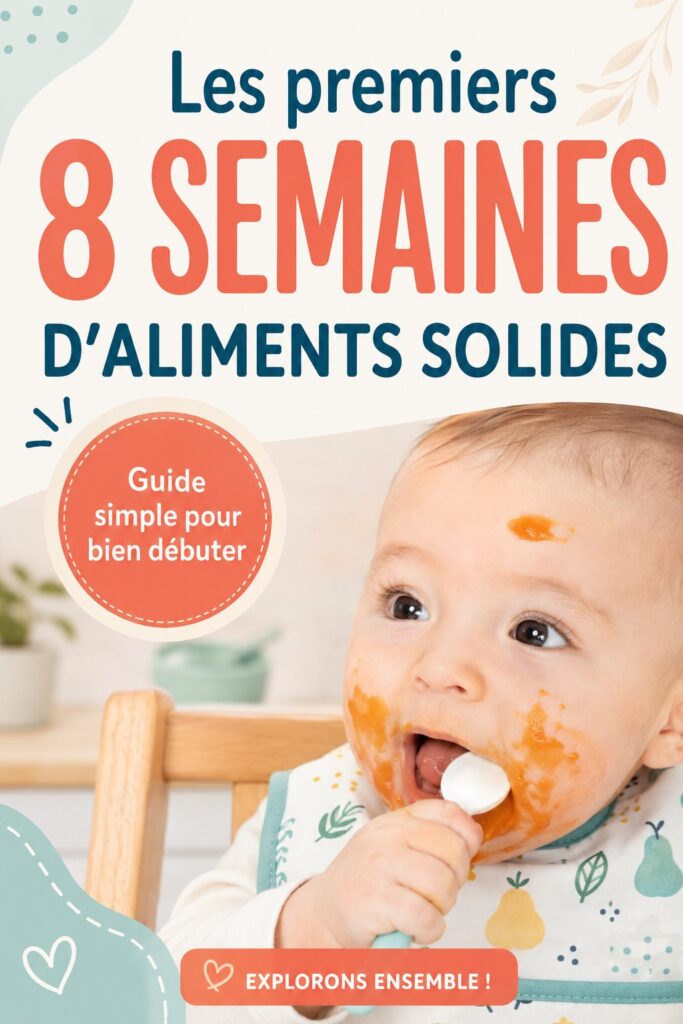 Un bébé heureux découvrant ses premiers aliments solides dans une assiette colorée.