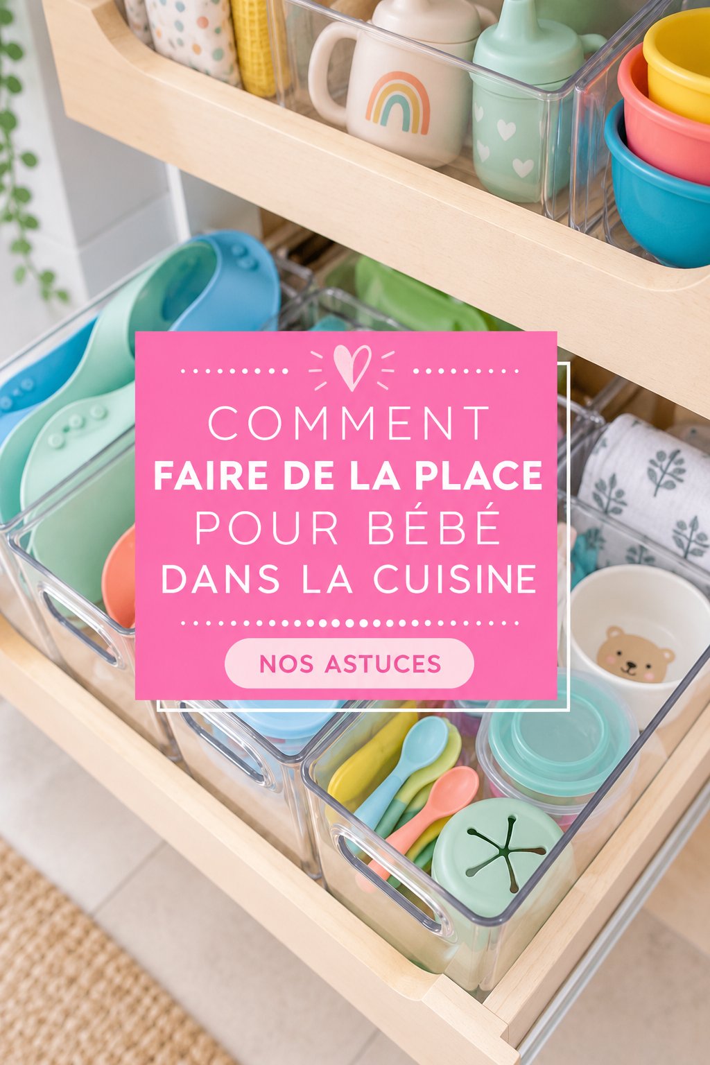 Cuisine aménagée pour accueillir bébé, avec des rangements adaptés et des espaces sécurisés.