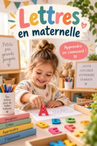 Un enfant entouré de lettres colorées, apprenant l'alphabet de manière ludique.
