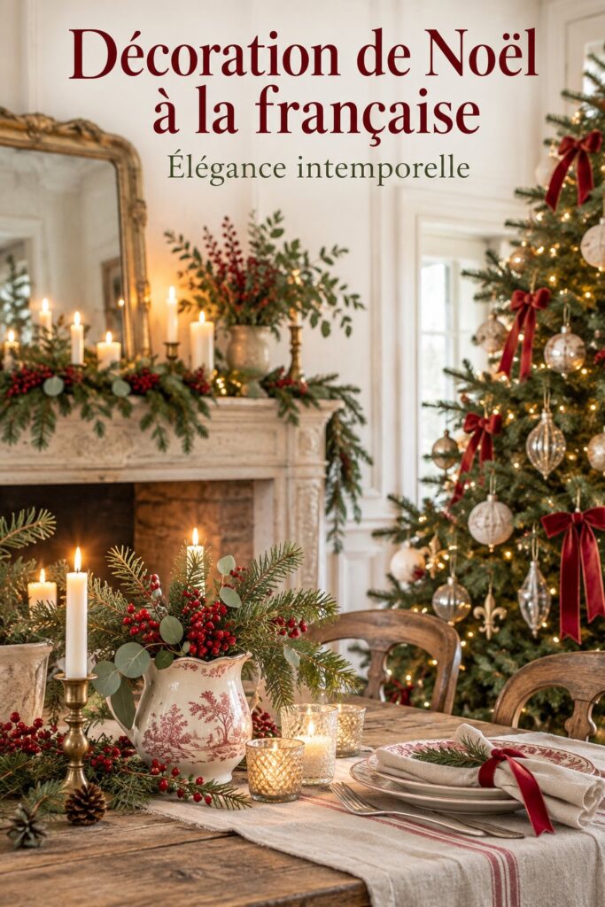 Déco de Noël à la française avec des éléments traditionnels et élégants.