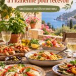 Dîner d'été italien en famille avec divers plats colorés