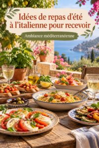 Dîner d'été italien en famille avec divers plats colorés