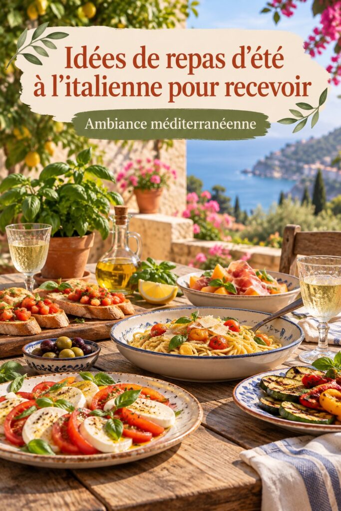 Dîner d'été italien en famille avec divers plats colorés