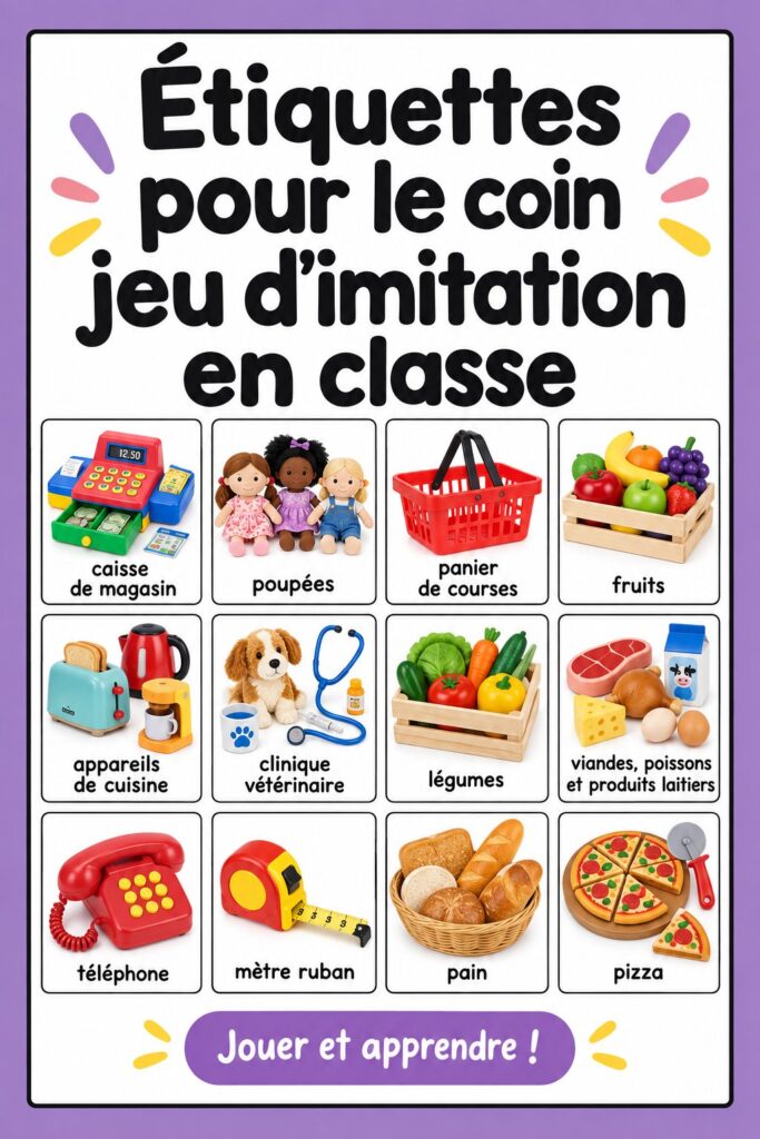 Étiquettes colorées pour un coin de jeu dramatique en classe, organisées et adaptées aux jeunes enfants.