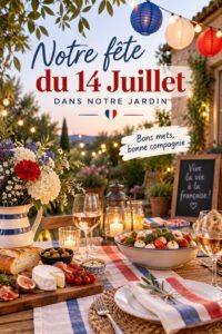 Jardin décoré pour une fête du 14 juillet avec des drapeaux français et des tables bien dressées.