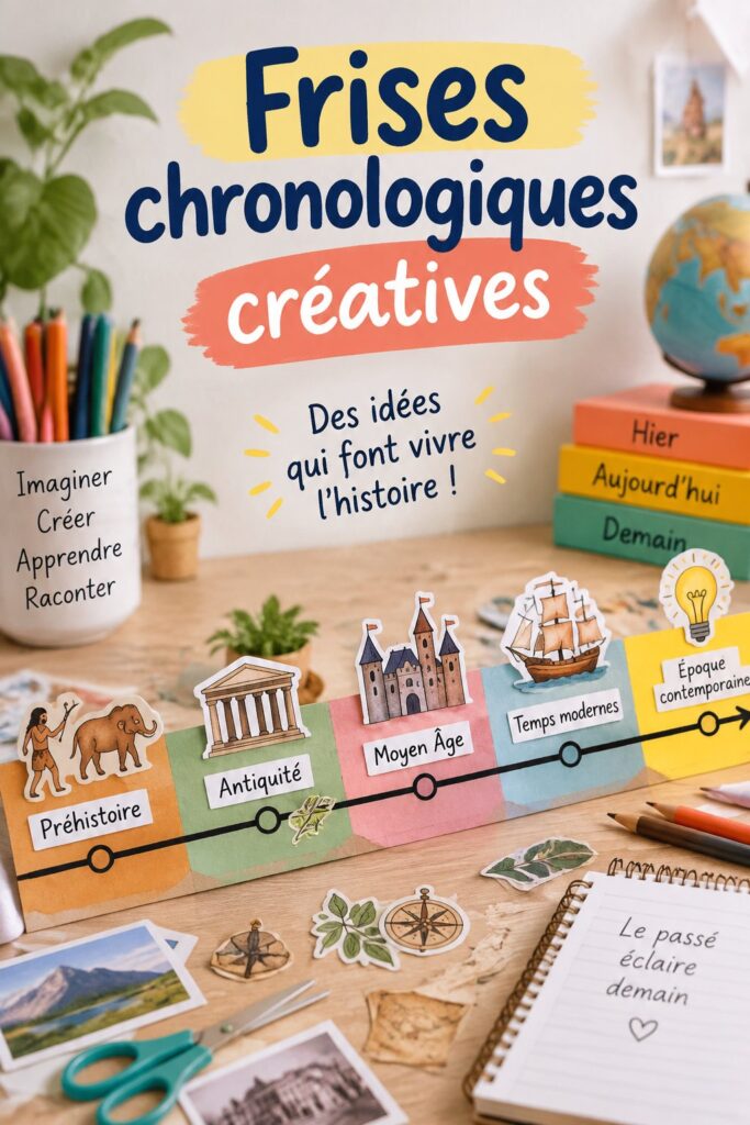 Une frise chronologique colorée réalisée par des enfants avec des événements marquants.
