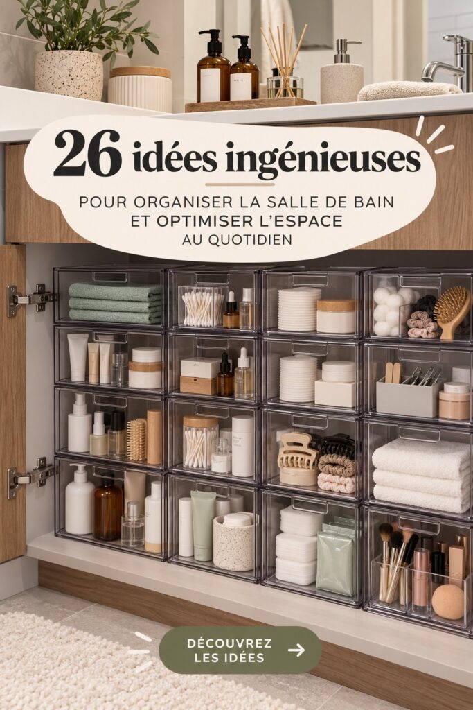 Salle de bain organisée avec des rangements efficaces.