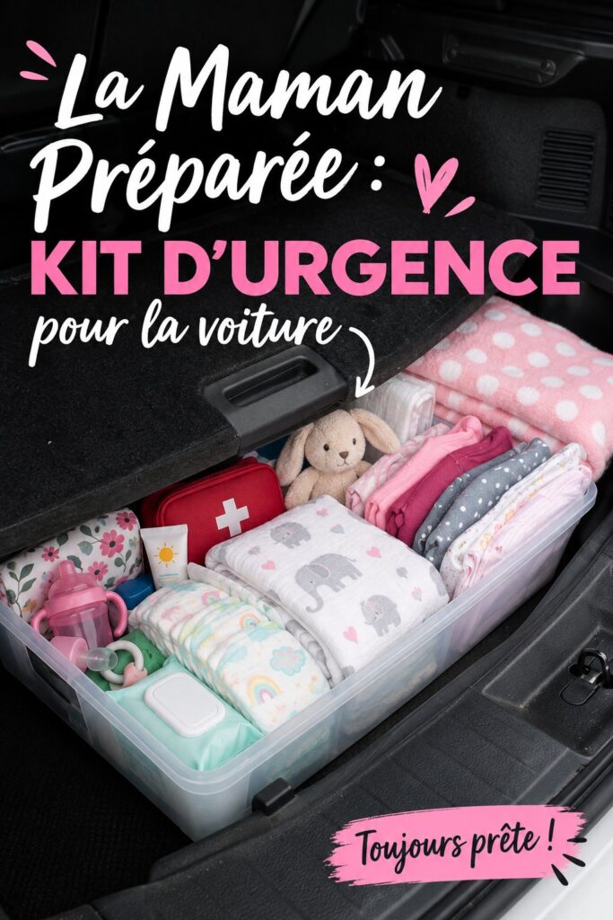 Kit d'urgence préparé pour une voiture familiale avec des éléments essentiels.