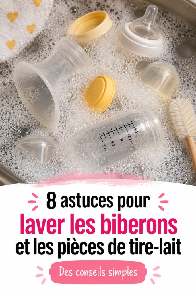 Biberons propres et brillants après lavage, montrant l'importance d'une hygiène rigoureuse.