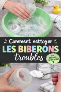 Biberons propres sur une table, montrant l'importance d'une bonne hygiène pour bébé.