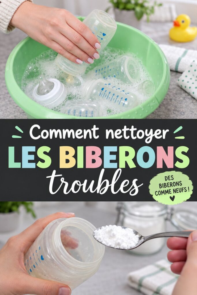 Biberons propres sur une table, montrant l'importance d'une bonne hygiène pour bébé.