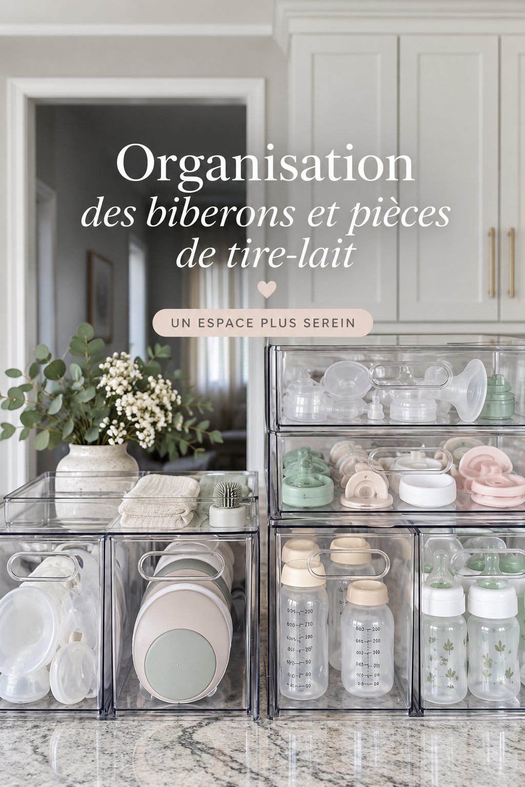 Organisateur de biberons sur une étagère, avec divers accessoires de bébé.