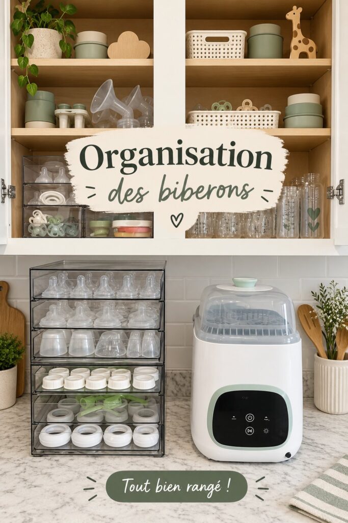station de rangement pour biberons bien organisée dans une cuisine familiale
