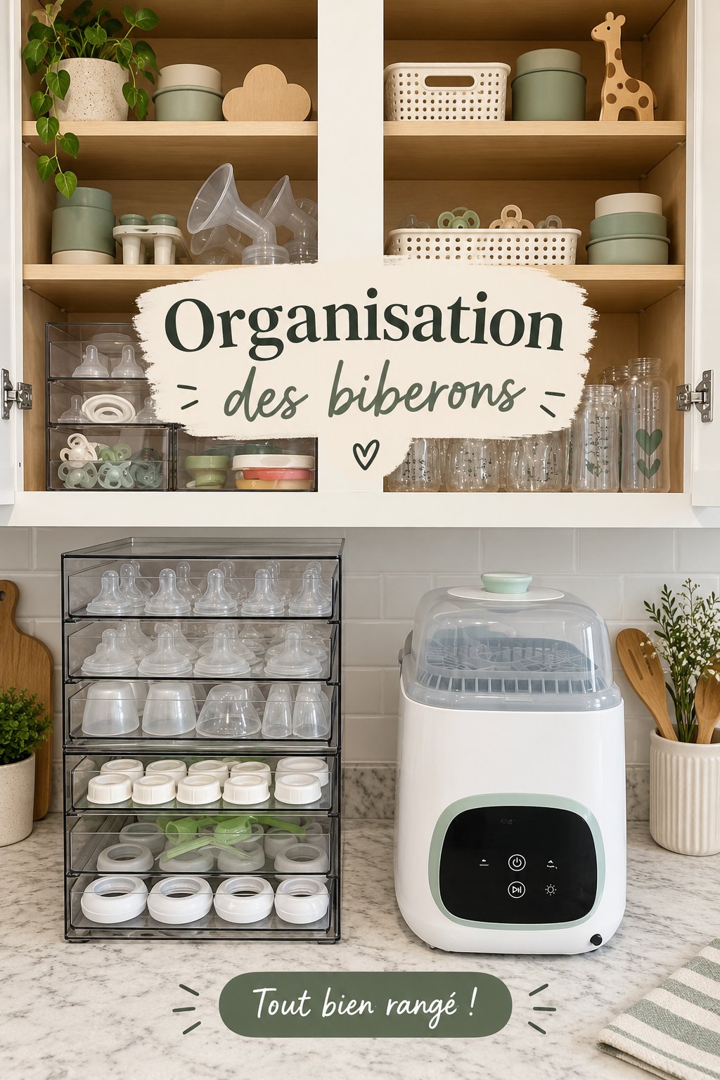 station de rangement pour biberons bien organisée dans une cuisine familiale