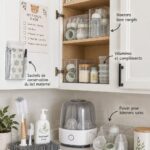 Un plan de rangement pour biberons bien organisé dans une cuisine familiale.