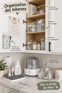 Un plan de rangement pour biberons bien organisé dans une cuisine familiale.