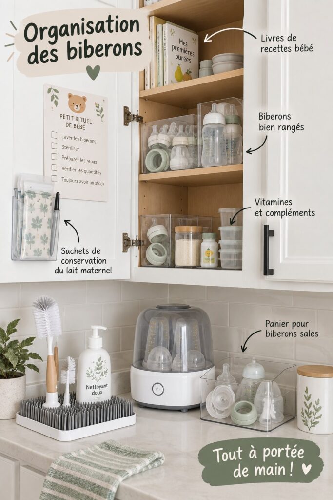 Un plan de rangement pour biberons bien organisé dans une cuisine familiale.
