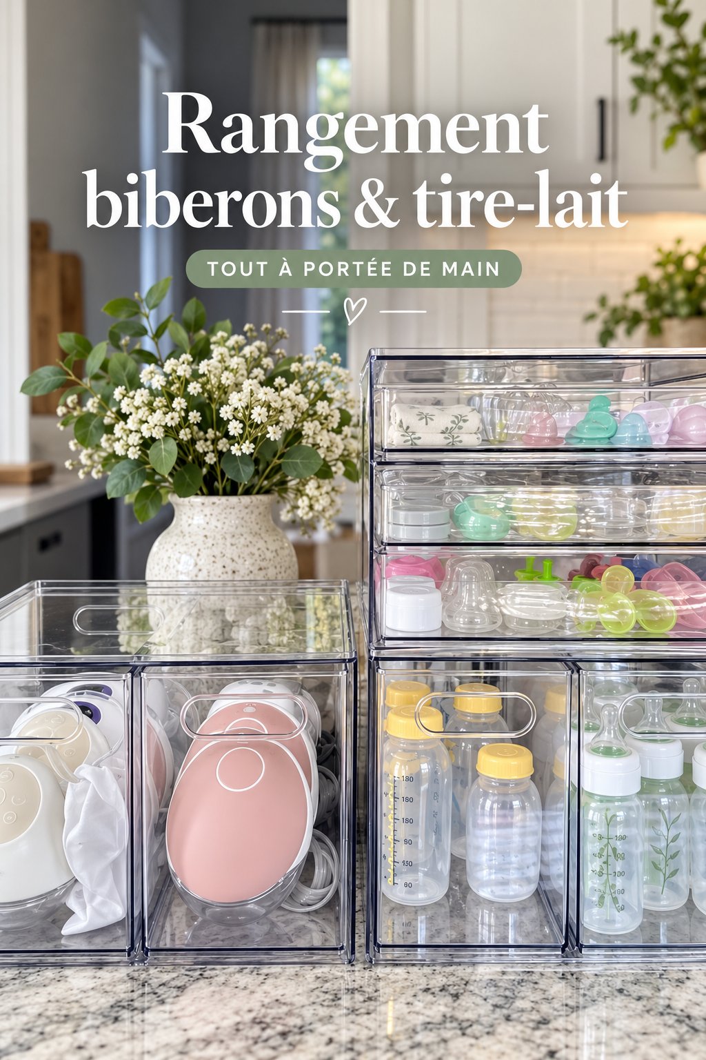 Espace bien organisé avec des bouteilles élégantes et un tire-lait, parfait pour une maternité pratique.