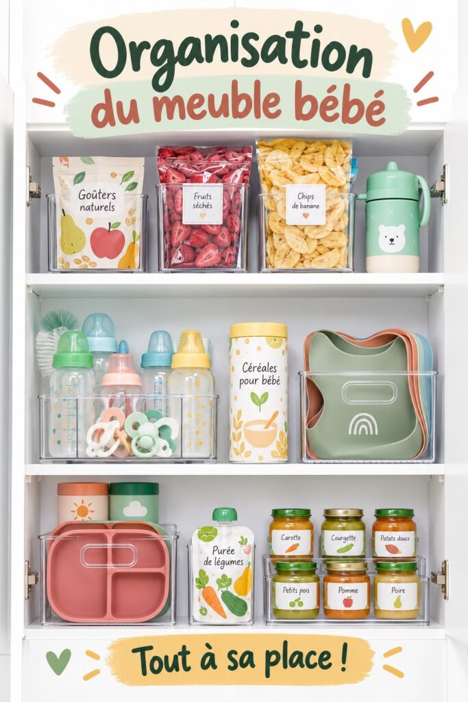 Cabinet de bébé organisé avec des espaces de rangement pratiques et esthétiques.