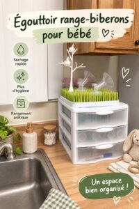Rack de séchage pour biberons organisé dans une cuisine moderne.
