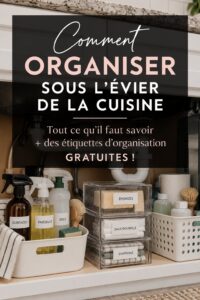 Cuisine avec espace sous évier organisé avec des boîtes de rangement et des étiquettes claires.