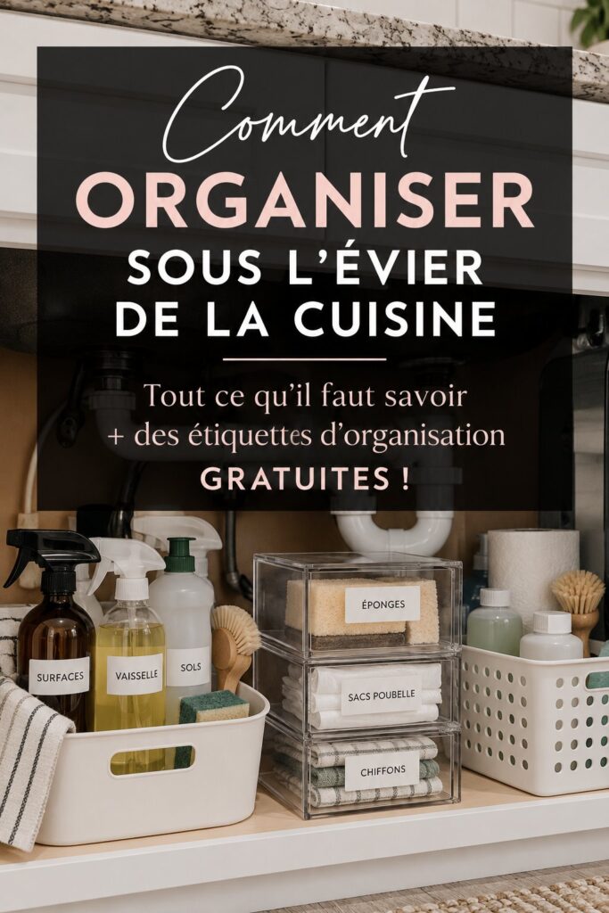 Cuisine avec espace sous évier organisé avec des boîtes de rangement et des étiquettes claires.
