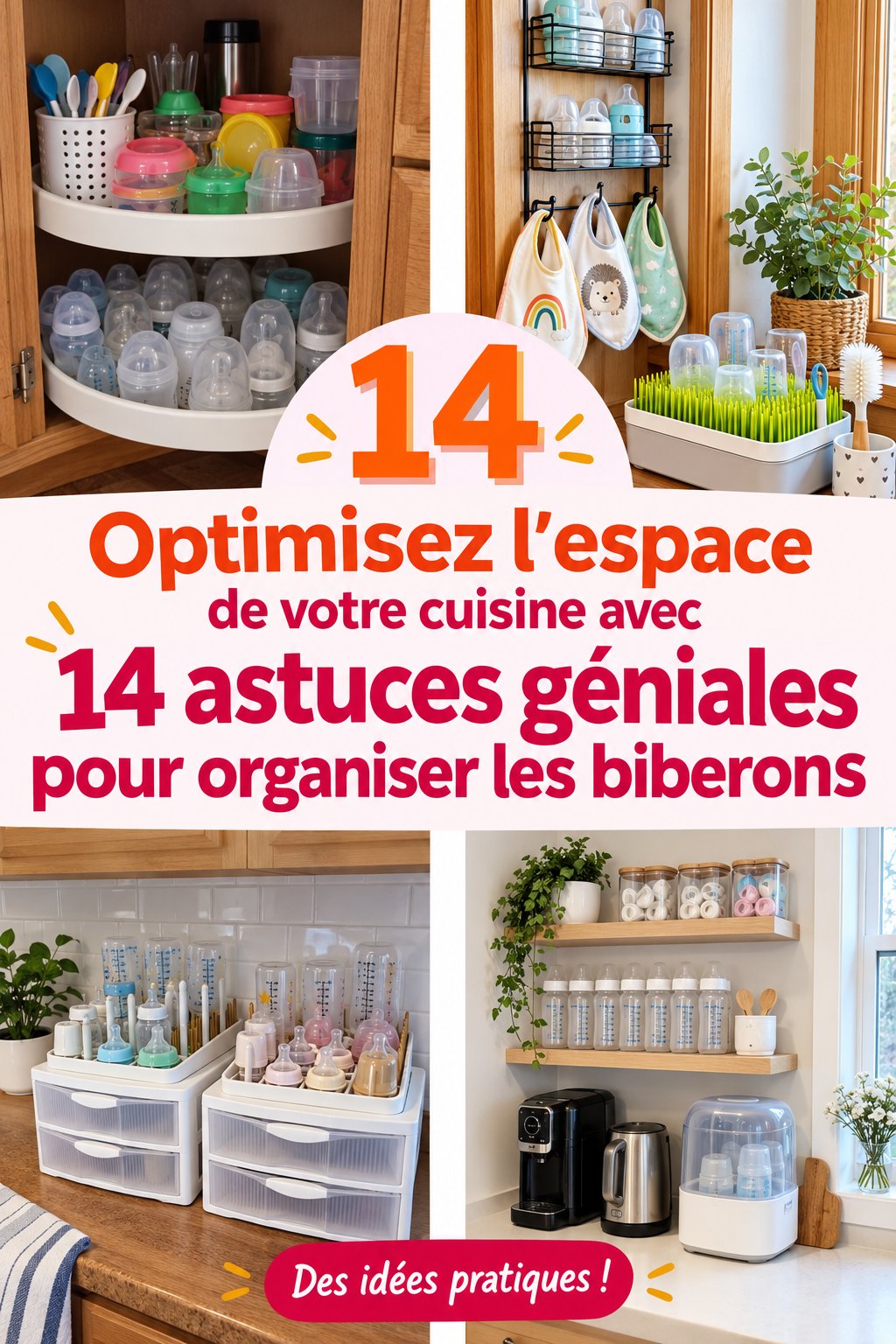 Cuisine organisée avec des biberons bien rangés dans un porte-biberons.